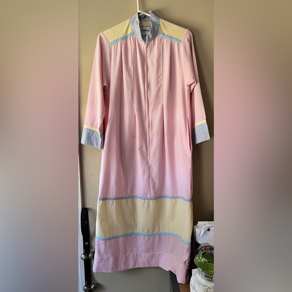 Vintage Saybury Pink Yellow Blue Stripe Half Zip Robe House Lounge Dress XS